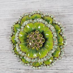 Vintage Brooch/pin LE Large Green Enamel Rhinestone Flower Gold-Tone Beautiful Design Classic Costume Jewelry