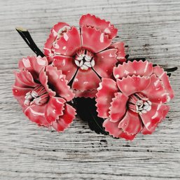 Vintage Brooch/pin Pink Enamel Flowers Gold-Tone Beautiful Design Classic Costume Jewelry
