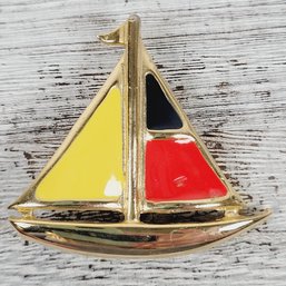 Vintage Brooch/pin Sailboat Yellow Red Black Enamel Gold-Tone Beautiful Design Classic Costume Jewelry