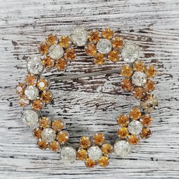 Vintage Brooch/pin Orange Rhinestone Flower Silver-Tone Beautiful Design Classic Costume Jewelry