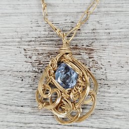 Vintage Necklace 27' Chain With Blue Pendant Gold-tone Wire Work Beautiful Design Classic Costume Jewelry