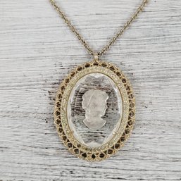 Vintage Molded Glass Cameo Necklace 24' Chain With Etched Pendant Beautiful Design Costume Jewelry