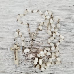 Vintage Necklace 25' Rosary With Cross Mother Of Pearl Bead Silver-tone Beautiful Classic Costume Jewelry