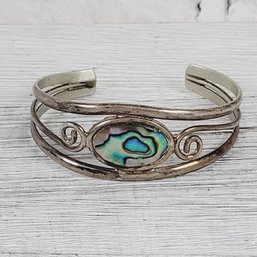 Vintage Abalone Shell Mexico Bracelet 6 1/4' Cuff Silver-tone Beautiful Design Classic Costume Jewelry