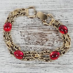 Vintage Bracelet 7' Red Stone Gold-tone Beautiful Design Classic Costume Jewelry