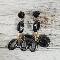 Vintage Earrings Clip On Dangle Black Beautiful Design Classic Costume Jewelry