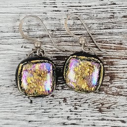 Vintage Earring Dichroic Art Glass Silver-tone Dangle Beautiful Design Classic Costume Jewelry