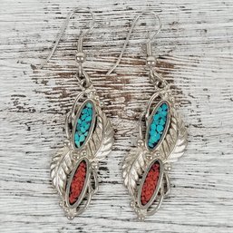 Vintage Earring Silver-tone Turquoise Coral Feather Dangle Beautiful Design Classic Costume Jewelry