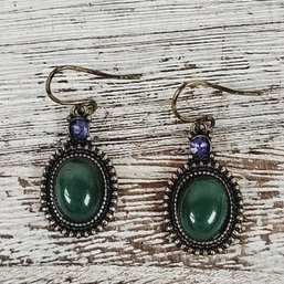 Vintage Earring Silver-tone Green Purple Stone Dangle Beautiful Design Classic Costume Jewelry