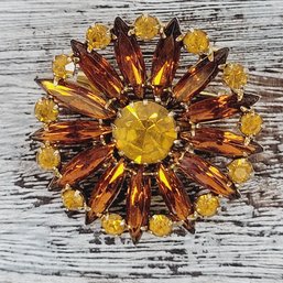 Vintage Orange And Yellow Rhinestone Brooch Beautiful Design Classic Costume Jewelry