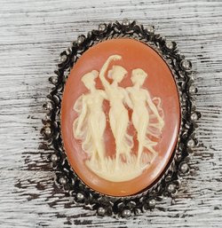 Vintage Three Graces Resin Cameo Brooch Silver-tone Beautiful Design Classic Costume Jewelry