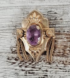 Vintage Victorian Revival Purple Stone Tassel Brooch Gold-tone Beautiful Design Classic Costume Jewelry