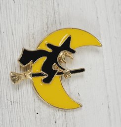 Vintage Enamel Witch Over Moon Halloween Themed Brooch Gold-tone Classic Costume Jewelry