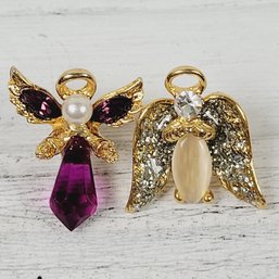 2 Vintage Rhinestone Angel Pins Christmas Holiday Theme Classic Costume Jewelry