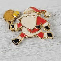 Vintage Enamel Santa Playing Tennis/pickleball Brooch Christmas Holiday Theme Classic Costume Jewelry