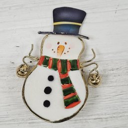 Vintage Snowman With Bell Brooch Gold-tone Christmas Holiday Theme Classic Costume Jewelry