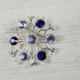 Vintage Blue Rhinestone Snowflake Brooch Silver-tone Christmas Holiday Theme Classic Costume Jewelry