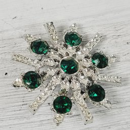 Vintage Green Rhinestone Snowflake Brooch Christmas Holiday Theme Classic Costume Jewelry