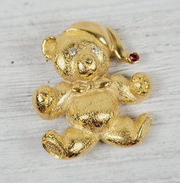 Vintage Christmas Teddy Bear Brooch Rhinestone Gold-tone Holiday Theme Classic Costume Jewelry