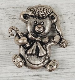 Vintage Christmas Teddy Bear Brooch Silver-tone Holiday Theme Classic Costume Jewelry