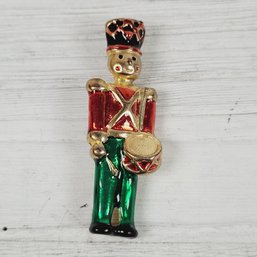 Vintage Christmas Enamel Toy Soldier Brooch Gold-tone Holiday Theme Classic Costume Jewelry