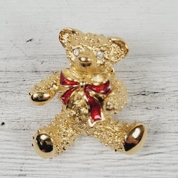 Vintage Christmas Teddy Bear Brooch Gold-tone Holiday Theme Classic Costume Jewelry