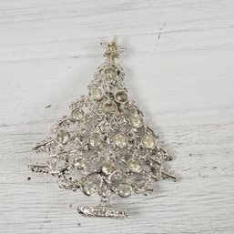 Vintage Rhinestone Christmas Tree Brooch Silver-tone Holiday Theme Classic Costume Jewelry