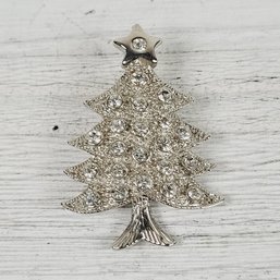 Vintage Rhinestone Christmas Tree Brooch Silver-tone Holiday Theme Classic Costume Jewelry