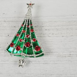 Vintage B.j Rhinestone Christmas Tree Brooch Silver-tone Holiday Theme Classic Costume Jewelry