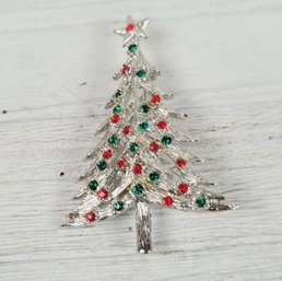 Vintage Rhinestone Christmas Tree Brooch Silver-tone Holiday Theme Classic Costume Jewelry