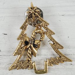 Vintage Christmas Tree With Moving Candy Cane Pin Gold-tone Holiday Theme Classic Costume Jewelry