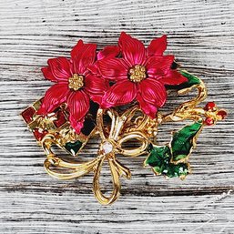 Vintage Rhinestone Christmas Brooch Gold-tone Holiday Theme Classic Costume Jewelry