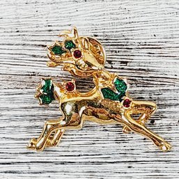 Vintage Reindeer Rhinestone Christmas  Brooch Gold-tone Holiday Theme Classic Costume Jewelry