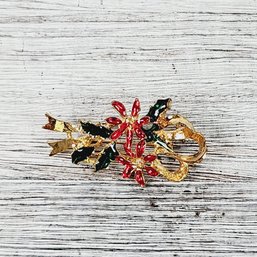 Vintage Rhinestone Christmas Brooch Gold-tone Holiday Theme Classic Costume Jewelry