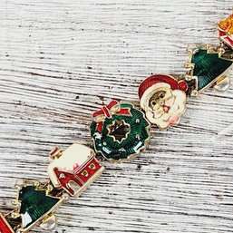 Vintage Enamel Santa Christmas Bells Charm Slide Bracelet Gold-tone Holiday Theme Classic Costume Jewelry