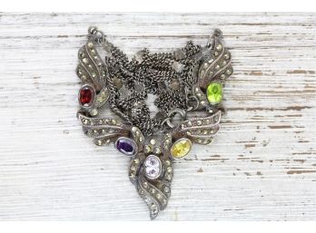 Silver Sterling Necklace Multi Gemstone Marcasite Vintage 18 Inches And 13 Grams