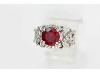 Sterling Silver Ring Red Sapphire White Topaz Gemstone Size 6 Beautiful Luxury Design