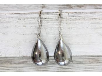 Sterling Silver Earrings Large Teardrop Puffed Dangle Beautiful Pair