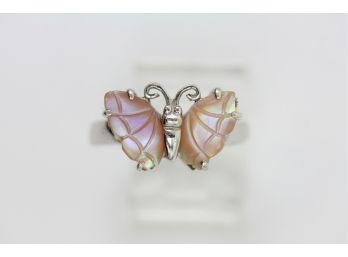 Sterling Silver Ring Butterfly Carved Pink Mother Of Pearl Wings Size 6.75 Beautiful Design So Pretty