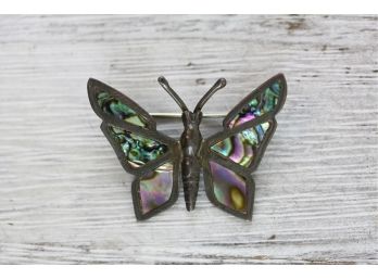 Sterling Silver Brooch Vintage Butterfly Made In Mexico Abalone Shell Inlay Beautiful Design