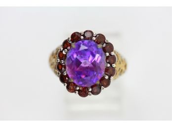 Sterling Silver Ring Garnet Halo Size 7.25 Surrounding A Big Purple CZ Gold Filigree Pretty Design