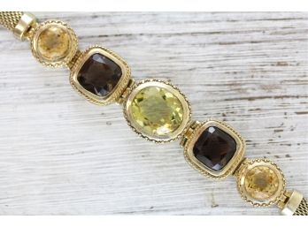 Sterling Silver Tennis Bracelet Large Gemstone Citrine Smoky Quartz Toggle Thailand 7.5' 37 Grams