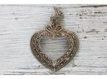 Sterling Silver Pendant Vintage Marcasite Heart Open Work Design Milgrain