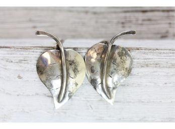 Sterling Silver Earrings Retro Era 1940s Leaf Screwback