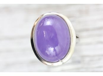 Sterling Silver Ring Purple Jade Large Cabochon Bezel Set High Fashion Designer Style Size 7 1/2