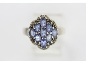 Sterling Silver Ring Tanzanite Gemstone Cluster White Topaz Size 8.5 Big Luxury