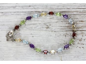 Sterling Silver Tennis Bracelet Gemstone Citrine Topaz Amethyst Peridot Garnet 7.5' 9.4 Grams