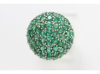 Sterling Silver Ring Natural Emerald Cluster Dome Top Designer Ring Size 7 Big Bold High End Luxury