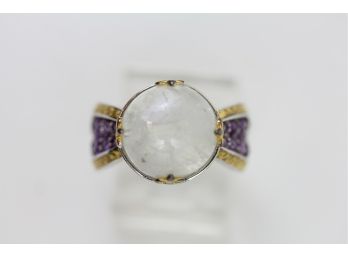 Sterling Silver Ring Natural Moonstone Amethyst Gemstone Size 7 Gold Design On The Sides