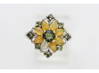 Sterling Silver Ring Fire Opal Natural Gemstone Size 9 Flower Design Natural Green Side Stones